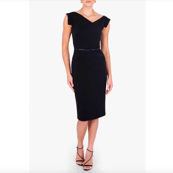 Black Halo Classic Jackie O Black Sheath Dress, Size 8, Asymmetrical, Belt - Picture 1 of 9